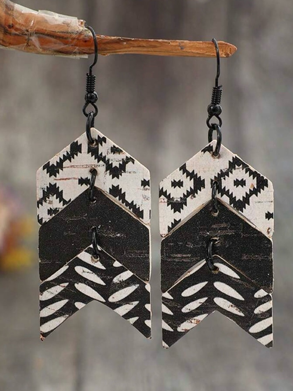 Women's Black & White Layered Geometric Drop Earrings - Picture 7 of 7